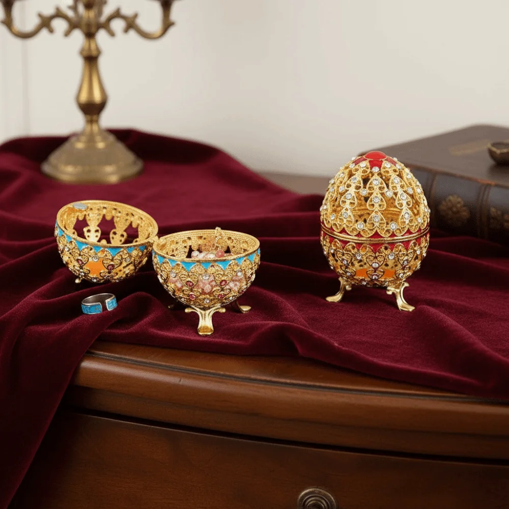 

Шкатулка для украшений с эмалевым покрытием, полая, из сплава, в форме яйца, с инкрустацией бриллиантами и драгоценными камнями, для хранения ювелирных изделий