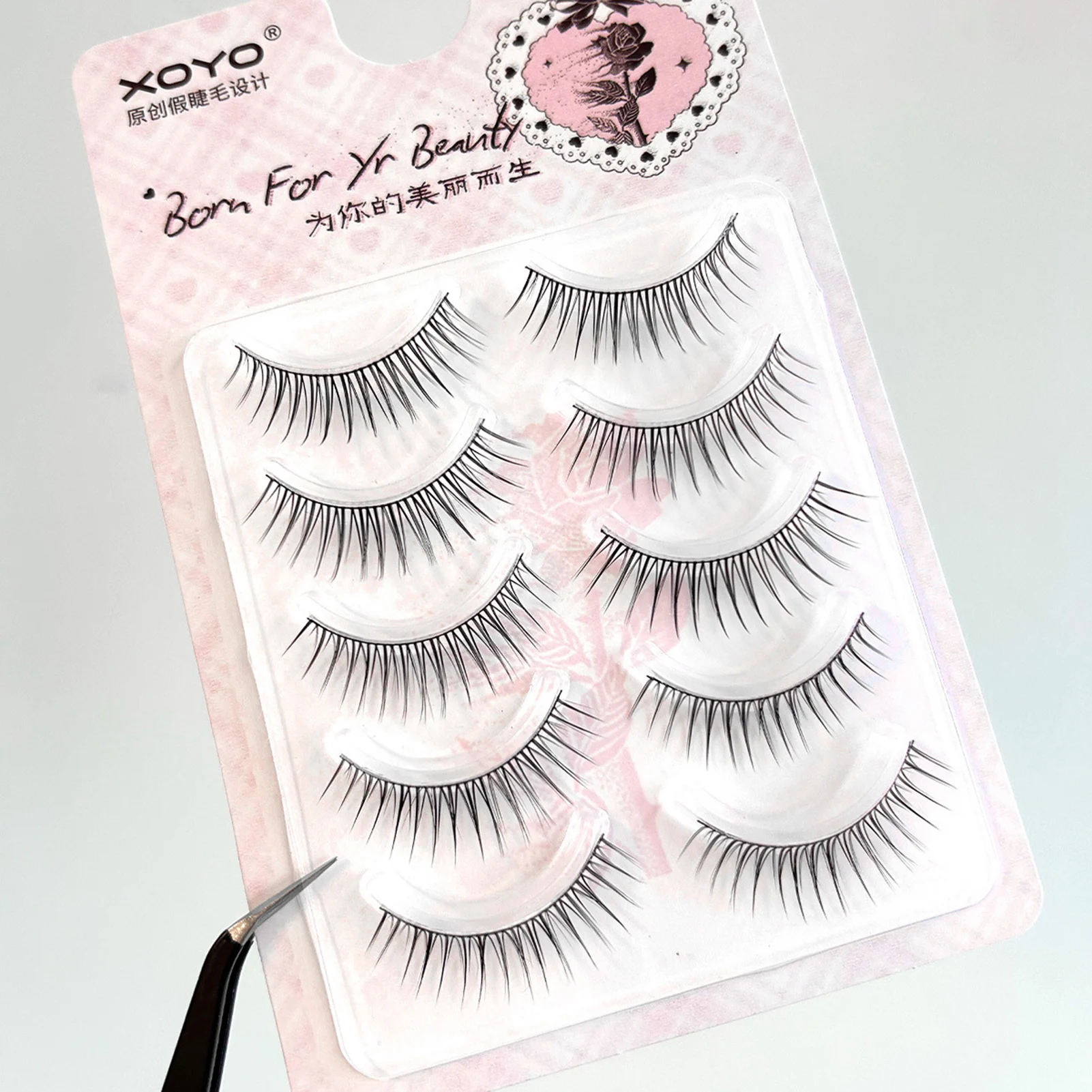 5 pares de cílios postiços estilo coreano, volume natural, faixa preta fina, 7-13mm, comprimento misto, curva c, cílios fofos