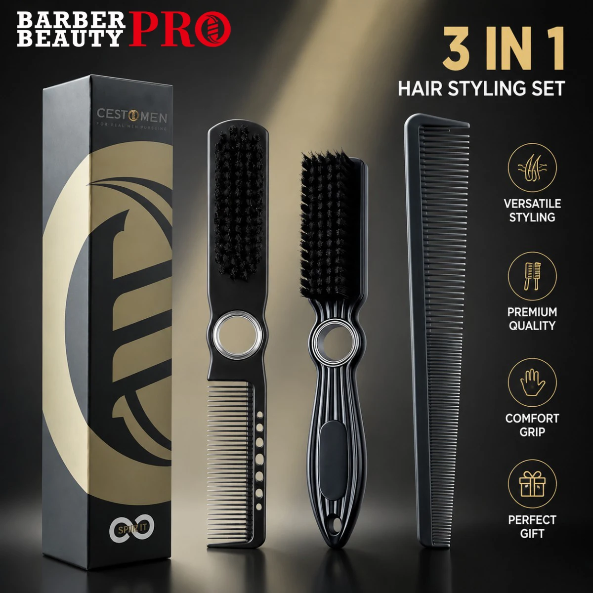 2Pcs Barber Hair Styling Set Rotatable Comb Brush Dual Teeth Hair Cutting Comb Nylon Bristle Barber Brush for Salon Men Home