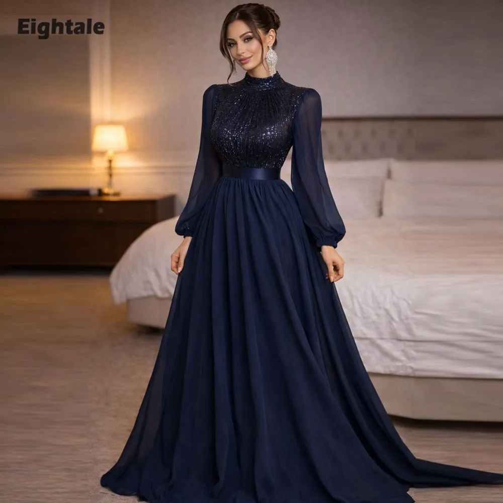 

Eightale Arabic Evening Dress High Neck Chiffon Muslim Pleats A-Line Customized Navy Blue Prom Wedding Party Gown