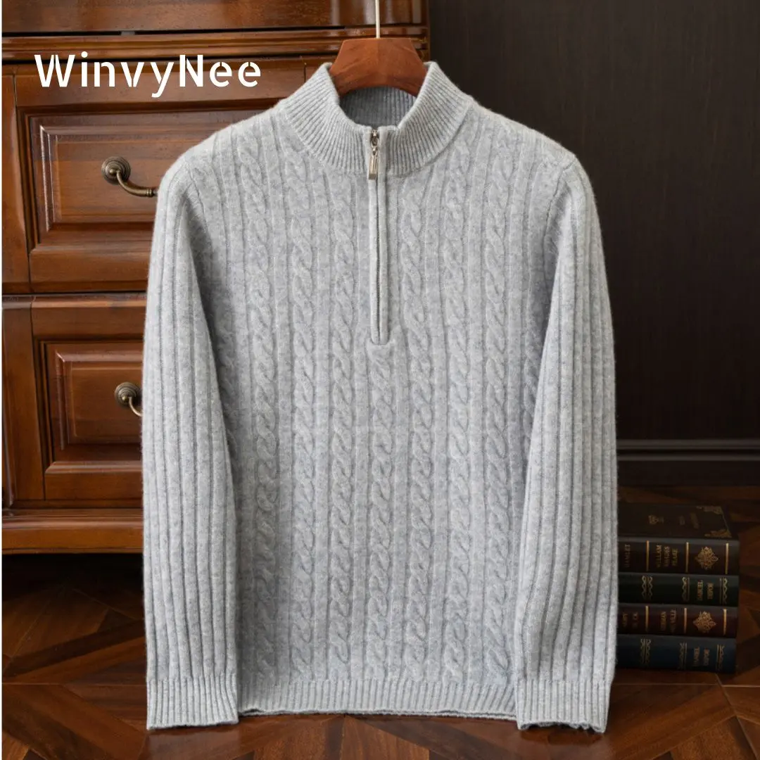 

WinvyNee Man's Clothing Mock Neck Zipper Print Fitted Slightly Stretchy Long Sleeve Knitted Wool Pullover Autumn Winter M1103041