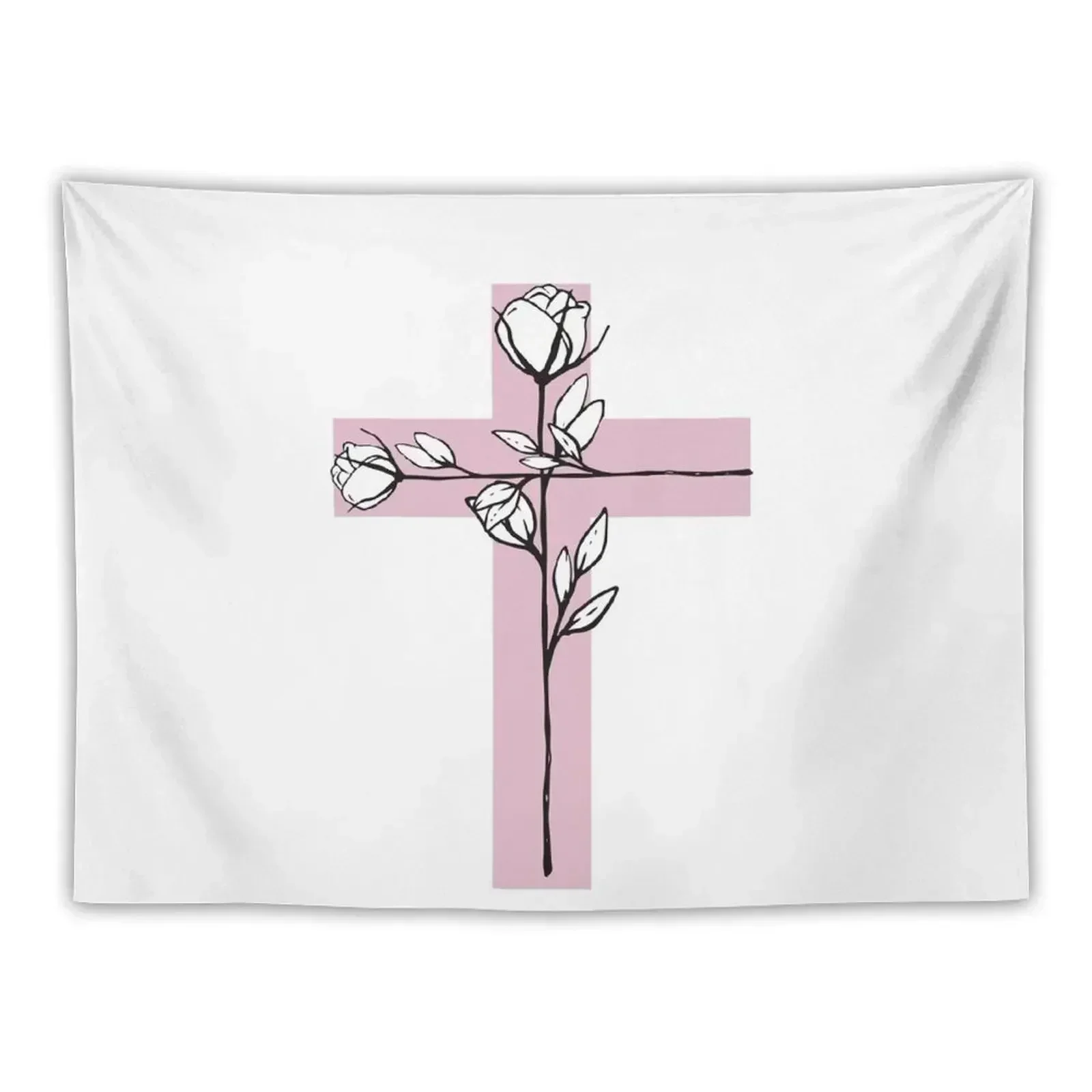 Pink Christian Cross Floral Tapestry Wall Carpet Funny Tapestry