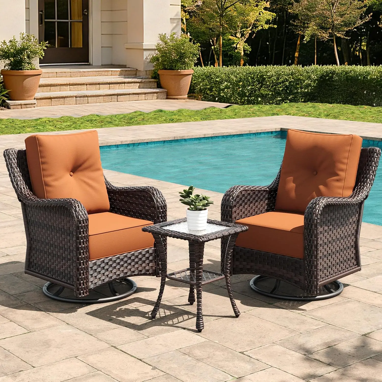 

3 Pieces Outdoor Furniture Set with 6-inch Cushions, High Back Wicker Swivel Rocker Chairs with Coffee Table, Luxury, Custom