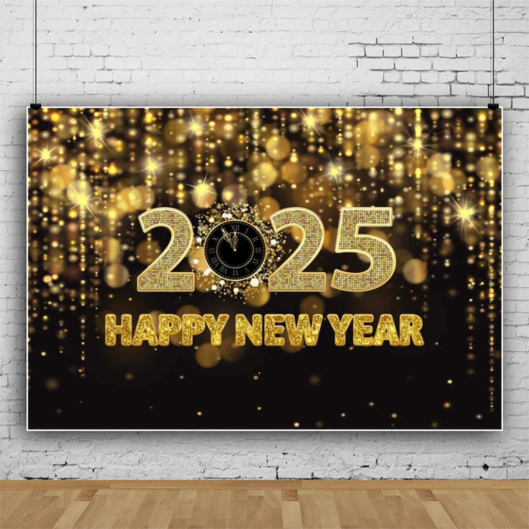 Laeacco Happy New Year Backdrop Gold Glitter Light Spots Streamer Black Gold Winter Family Party Portrait Photography Background