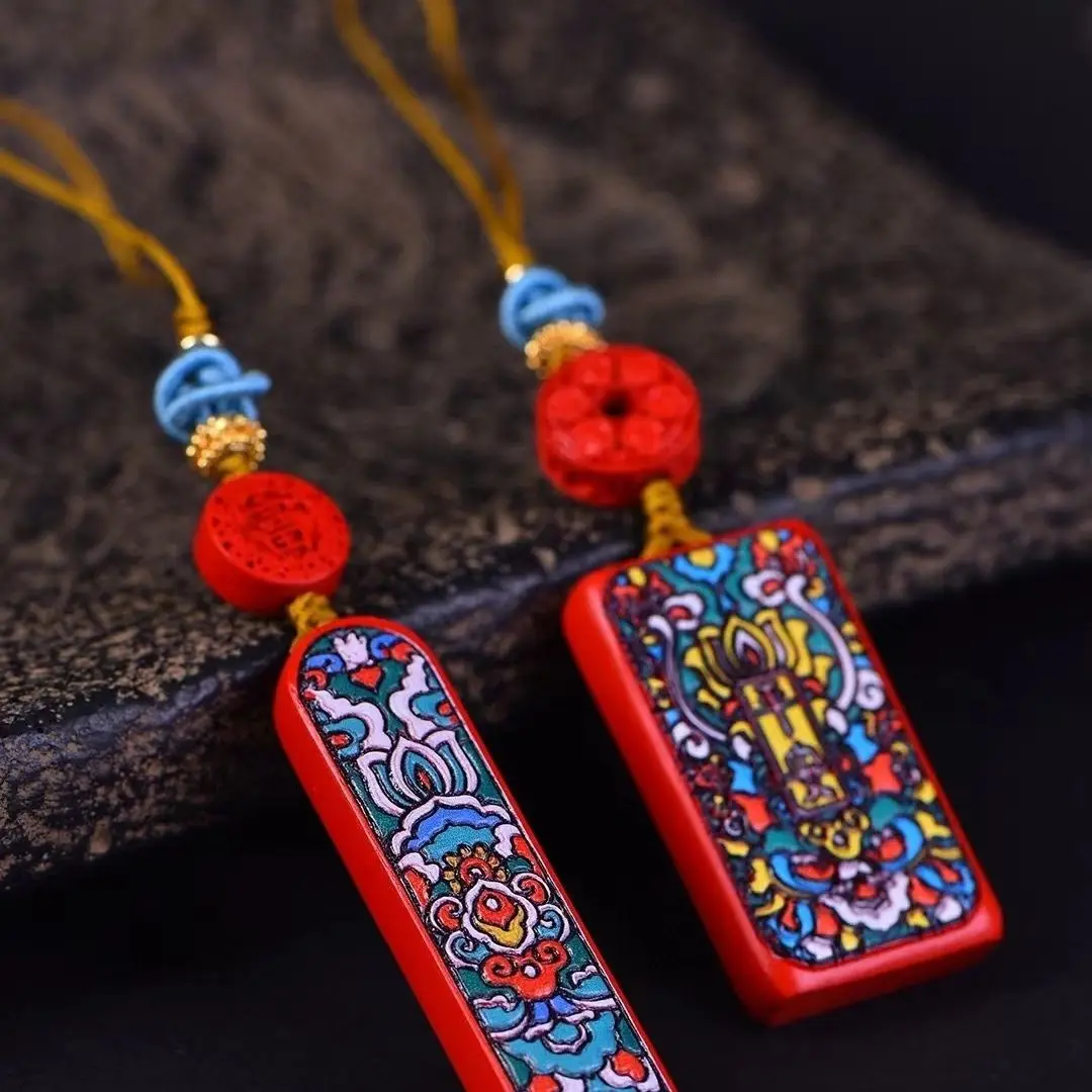 Natural Cinnabar Pendant Fidelity 12 Zodiac Patron Saint Thangka Color Painting Native Charms Peace Necklace for Men and Women