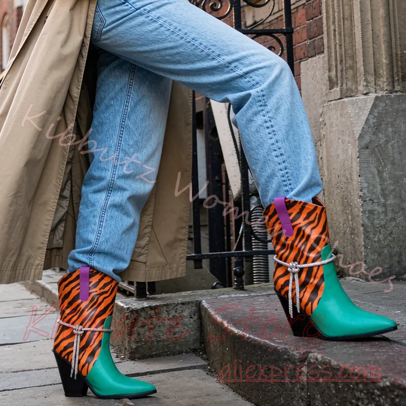 Western Cowboy Ankle Boots Animal Print Patchwork Pointed Toe Block Heel Rhinestone Vintage Street Fashion Shoes Leather Concise