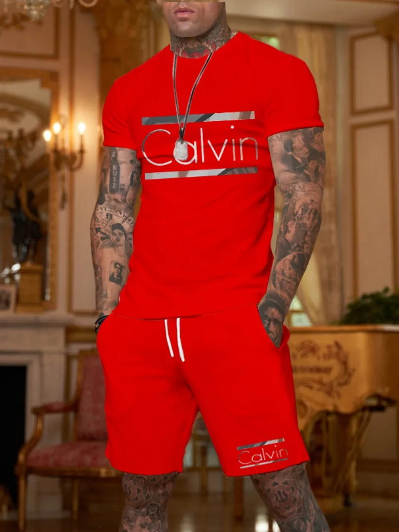 

2025 Summer New Men's Leisure Sports Set Letter Printed Soft and Comfortable T-shirt Shorts Round Neck 2-piece Set