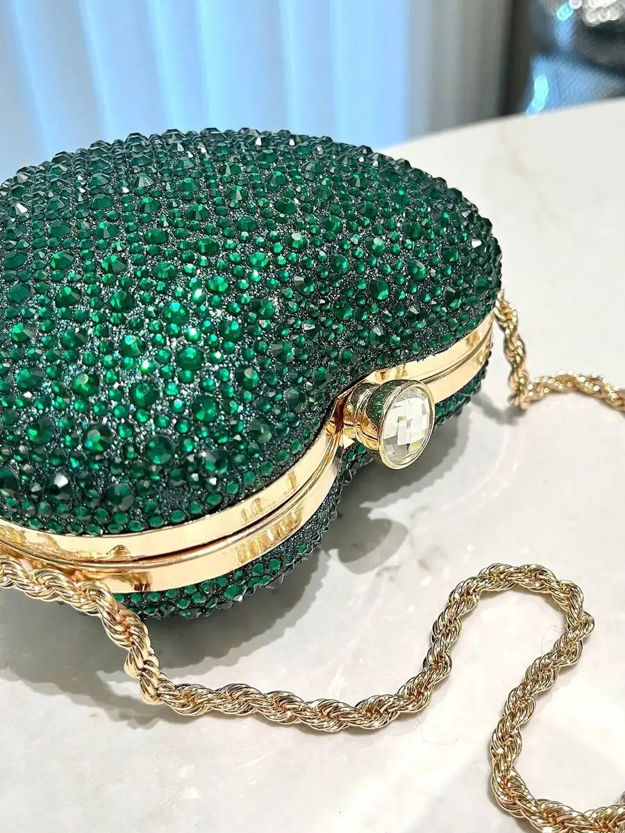 

Emerald Green Crystal-Encrusted Heart Clutch With Gold Chain Strap For Evening Events, Wedding, Prom, And Valentine’s