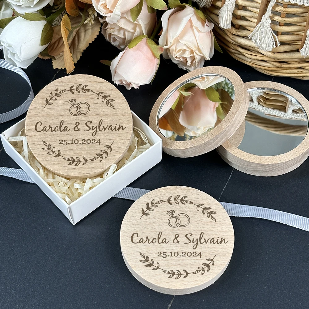 Personalized Wedding Guest Gift Custom Engraved Wooden Pocket Makeup Mirror for Women Wedding Party Favor Souvenir with Box