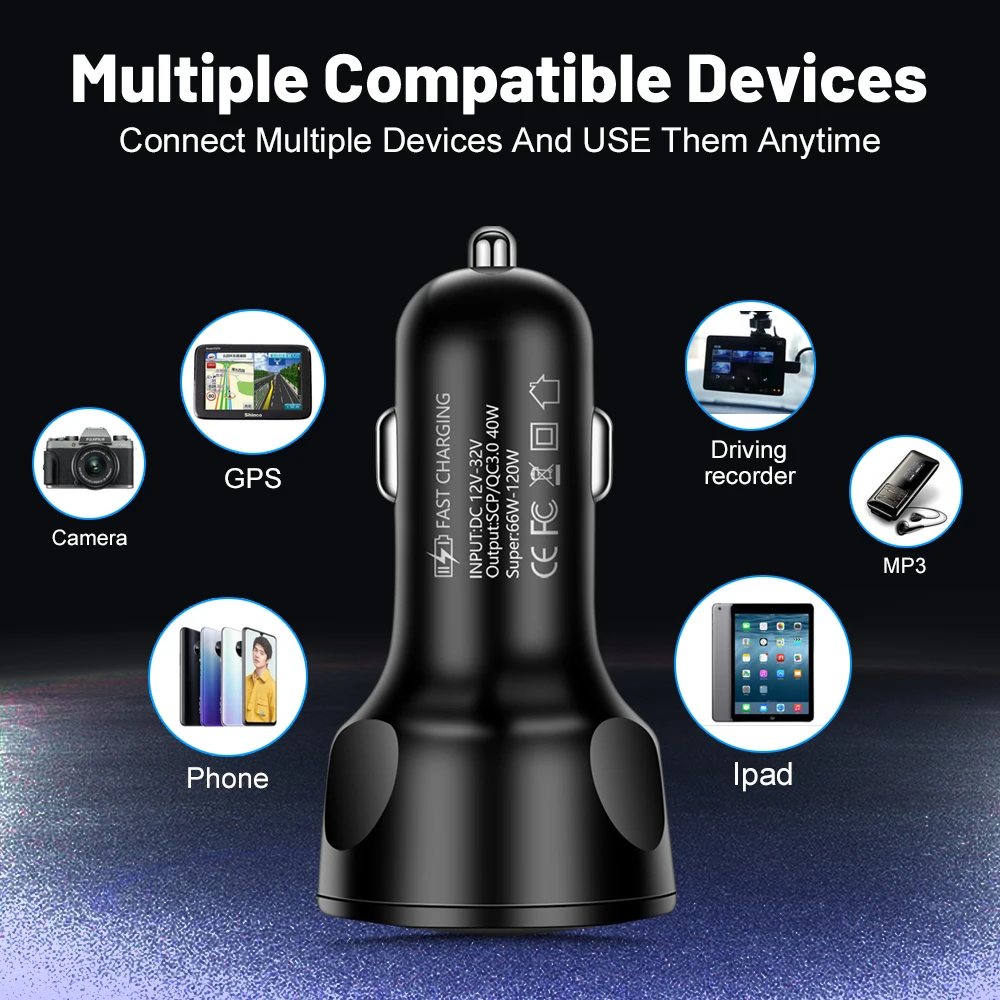 4 Ports 66W Car Charger Fast Charging QC3.0 USB Car Phone Charger Adapter in Car For Phone 15 Smart Cell Phone Quick Charger