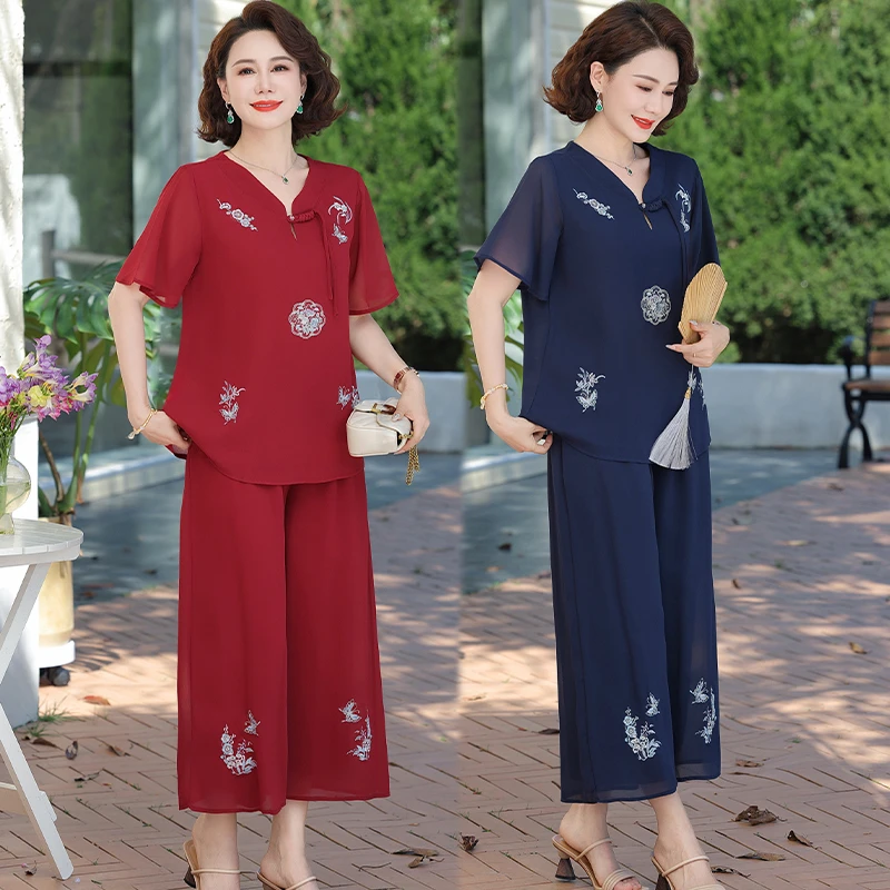 

Chinese Style Vintage High End Chiffon Pants Suit Female Middle-aged Women embroidery Shirt And Wide Leg Pants Sets Female 2PCS