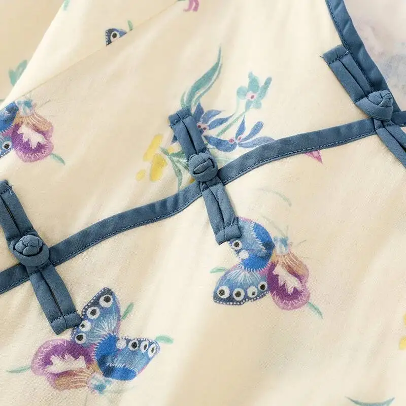 

Хлопковая двухслойная ночная рубашка с пряжкой в национальном стиле для женщин, весенне-летняя тонкая ночная рубашка с рукавами семь четвертей, Vestido Mujer