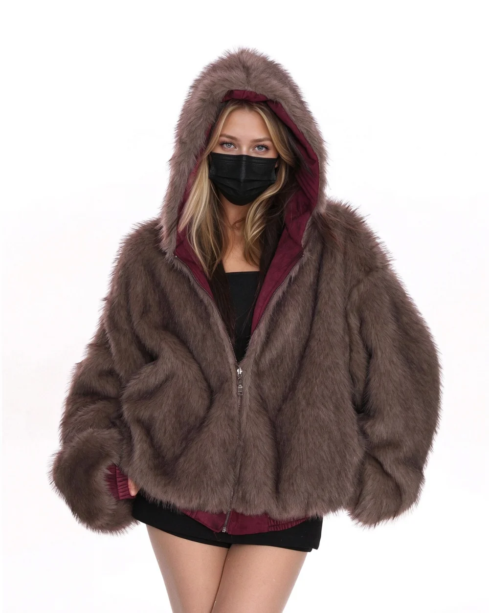 Women Ice Blue Tip Dyed Mountain Parka, Faux Suede Hooded Coat, Double Sided Faux Fur , Warm Winter Furry Outerwear