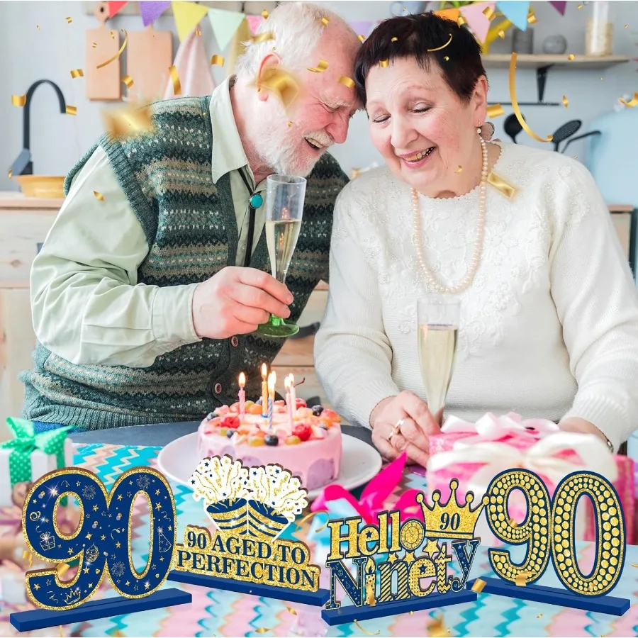 Feliz 90th aniversário decorações de mesa azul 90th aniversário peças centrais sinal azul marinho ouro 90th aniversário festa suprimentos de