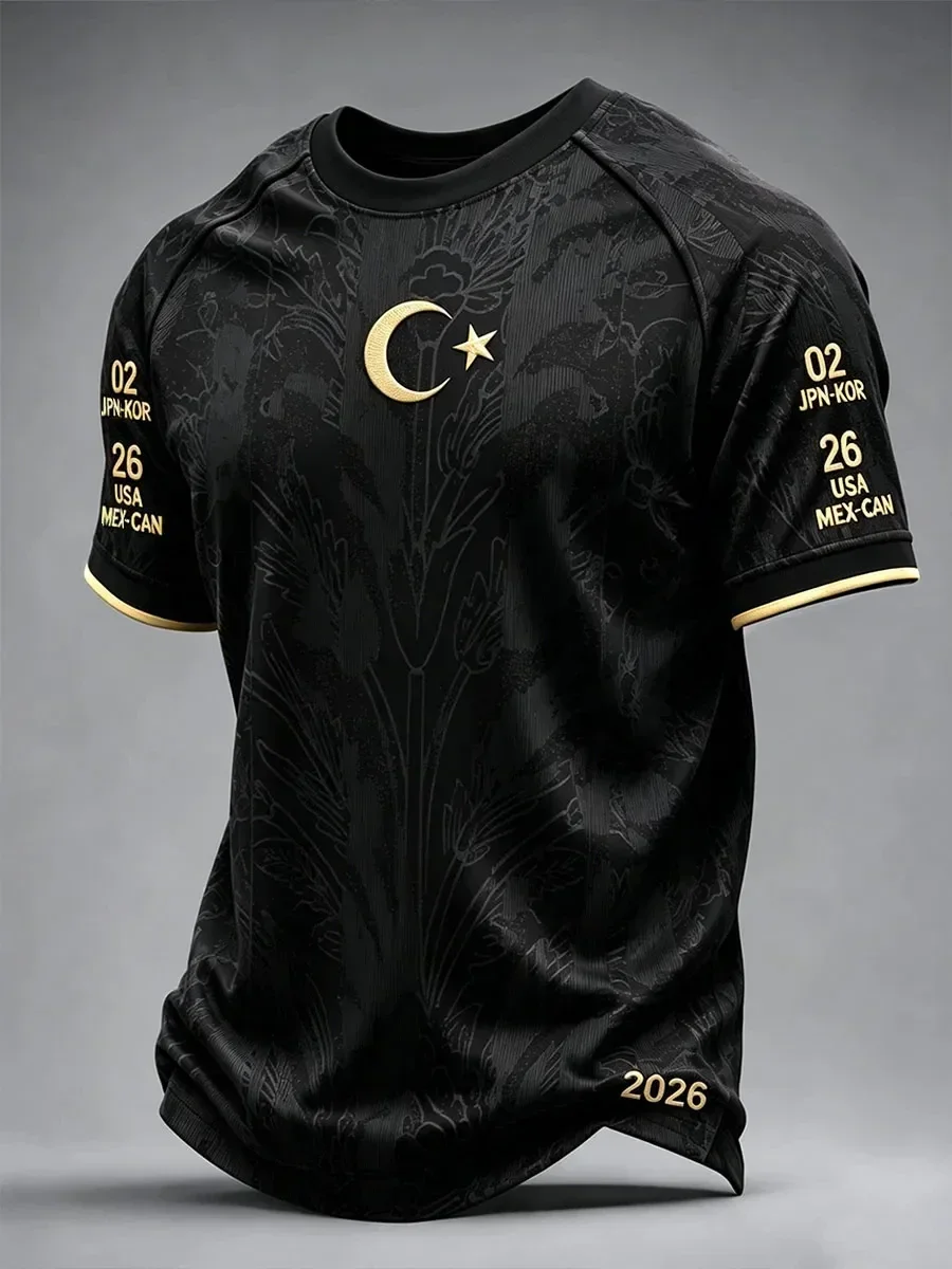 26-27 Türkei Schwarzes Blumen-Jacquard-Fußballtrikot Weißer Halbmond-Stern-Emblem auf dem Ärmel Turnierdruck Kurzarm-Fußballuniform – Detail 2