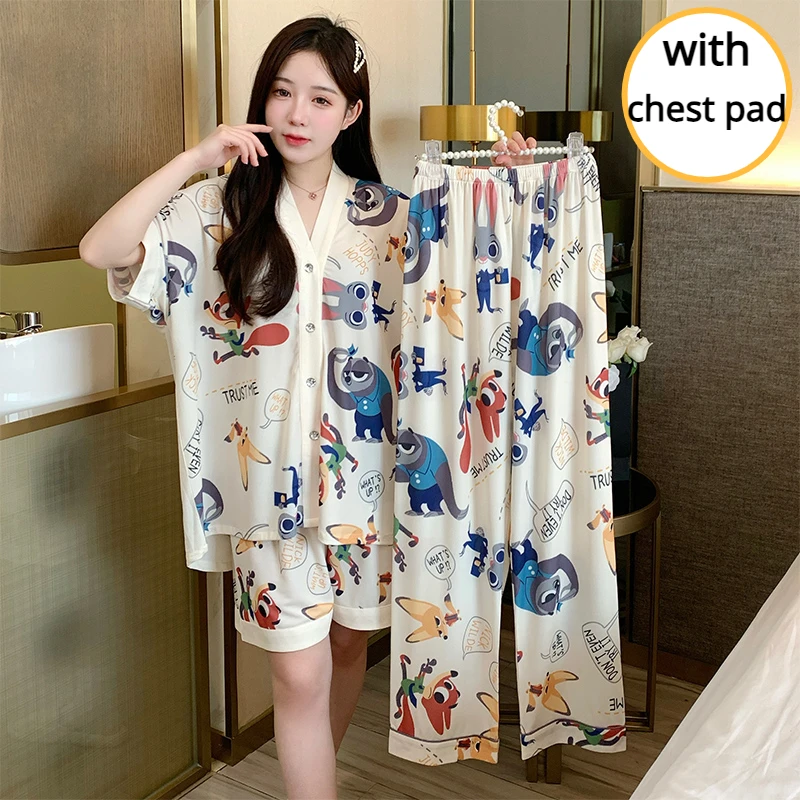 Plus Size Cartoon Ice Silk Pajamas 3-Piece Set Women\'s Summer New Korean Ins Short-sleeved Top+Shorts+Pants Outwear Home Clothes