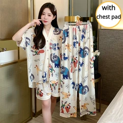 Plus Size Cartoon Ice Silk Pajamas 3-Piece Set Women's Summer New Korean Ins Short-sleeved Top+Shorts+Pants Outwear Home Clothes