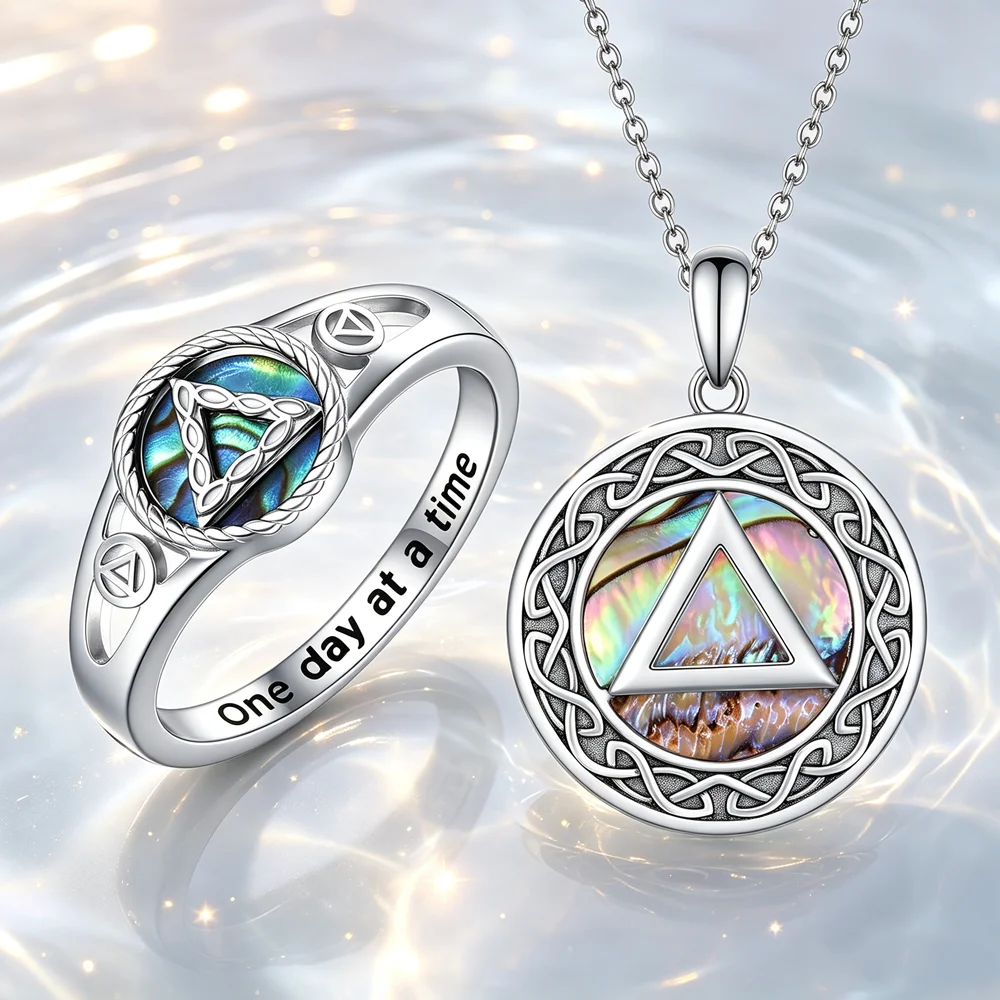 AA Sobriety Jewelry Set, Alcoholics Anonymous Abalone Shell Pendant Necklace & Ring, Recovery Gift for Women Sobriety Milestone