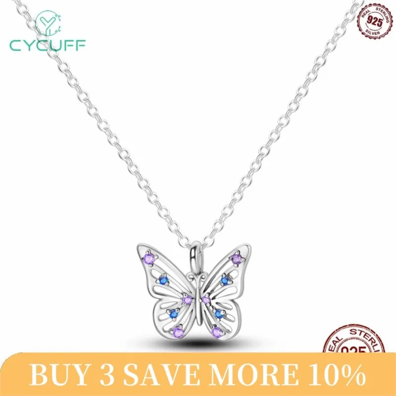 CYCUFF Blue Purple Openwork Butterfly Pendant Necklace for Women 925 Sterling Silver Necklace Jewelry For Party Wedding Gift