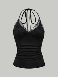 Sexy Lace V-neck Cropped Halter Tops For Women Summer 2025 Solid Color Casual Sleeveless Backless Ruched Tank Top Tee Shirt