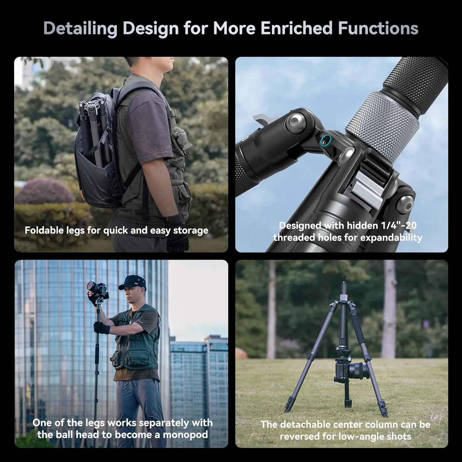 SmallRig AP-20 Carbon Fiber Tripod with Center Column Ball Head Quick Release Plate Compact Lightweight Tripod for DSLR Camera