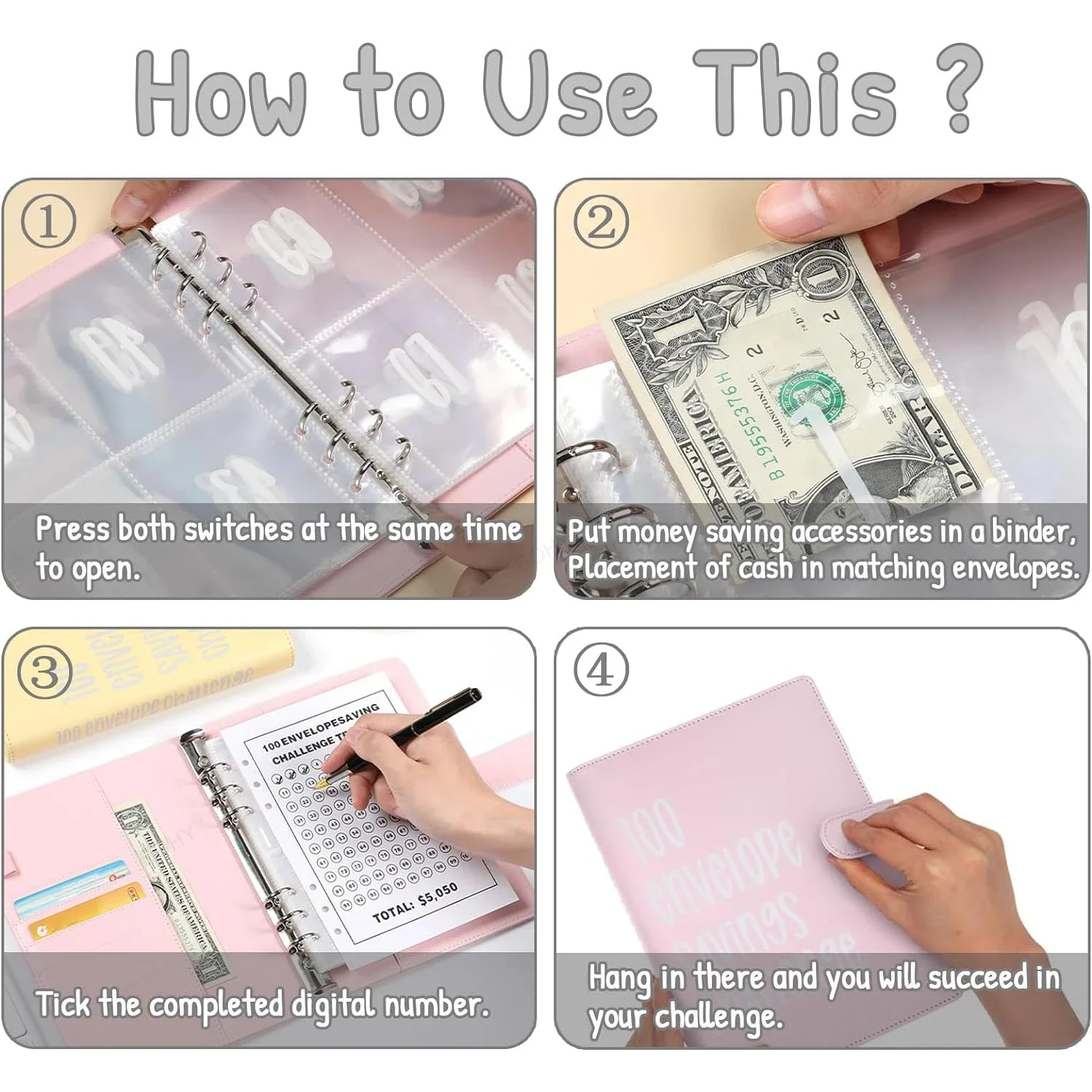 Envelopes Challenge Binder para adultos, A6 Money Saving, Binder orçamento com dinheiro, 100 Envelopes