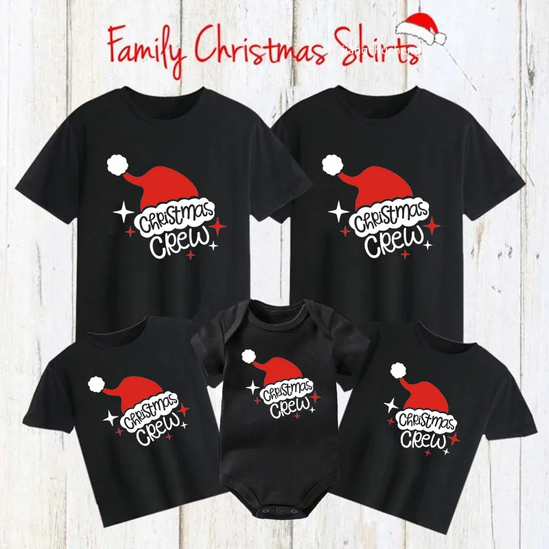 New Christmas Crew Print Family Matching Outfits Father Mother Daughter Son T Shirt Baby Rompers Cotton Family Look Xmas Clothes