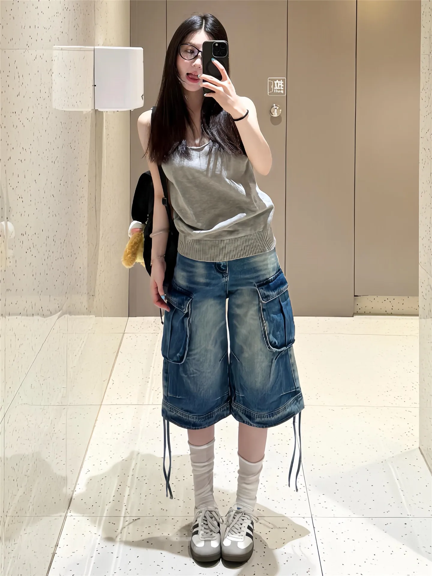 

American Style Vintage Blue Hot Girl Seven-Foot Denim Jeans Women Summer Loose Slim Multi-Pocket Workwear Casual Mid-Pants
