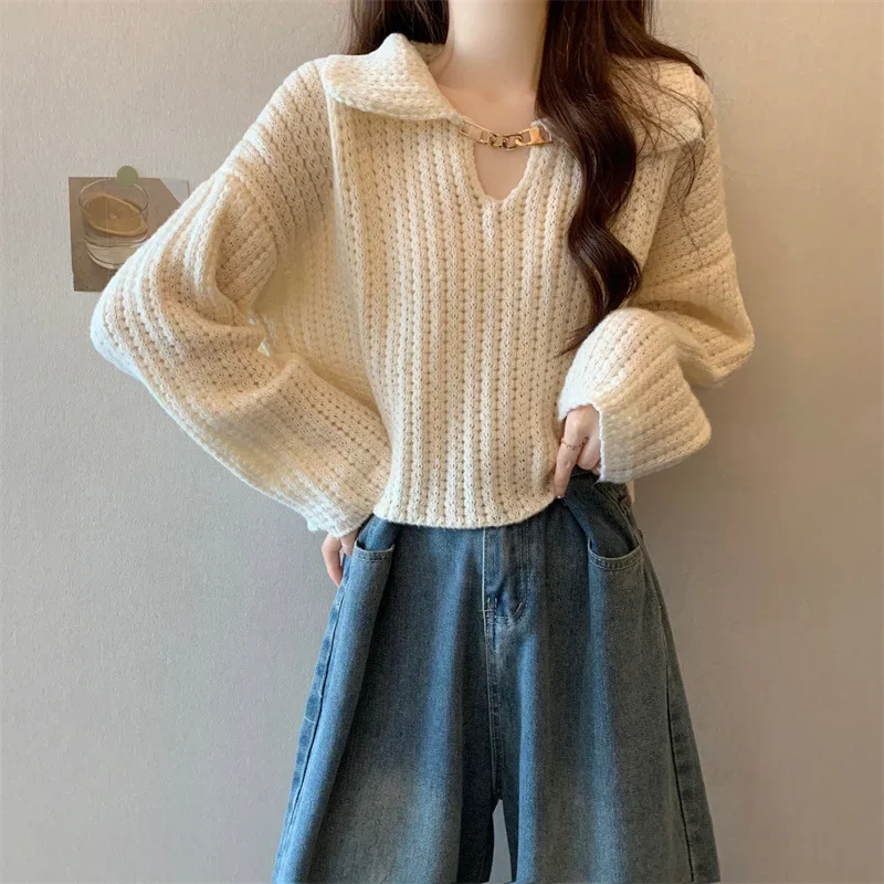 

Spring New Style Short Loose Knitted Sweater Women's Long Sleeve Doll Collar Korean Version Fleece Pullover for Small Figures