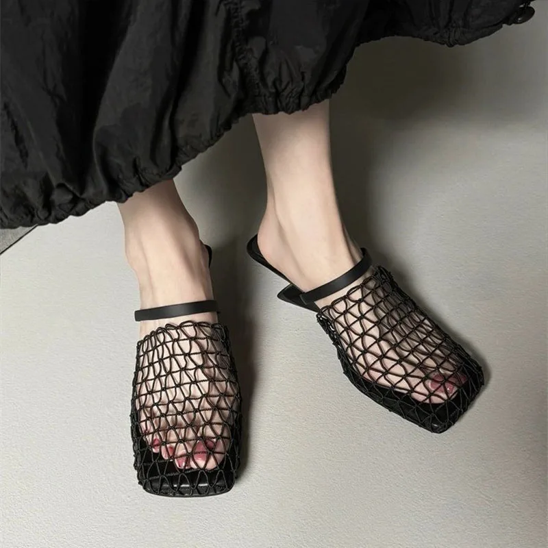 Fashion Hollow Out Design Women Slippers Square Toe Cross Mesh Beach Summer Wedge Women's Pumps Elegant Black High Heels Female