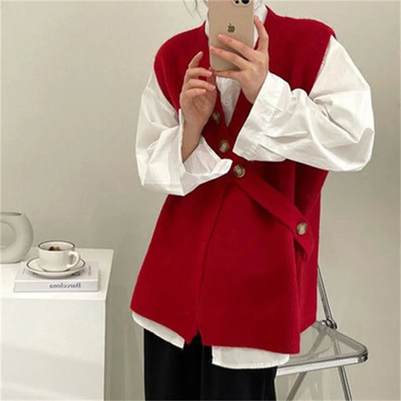 Elegant Fashion Sweater Vest Women New Irregular Button Design V-neck Korean Style Ladies Casual Solid Comfortable Loose Autumn