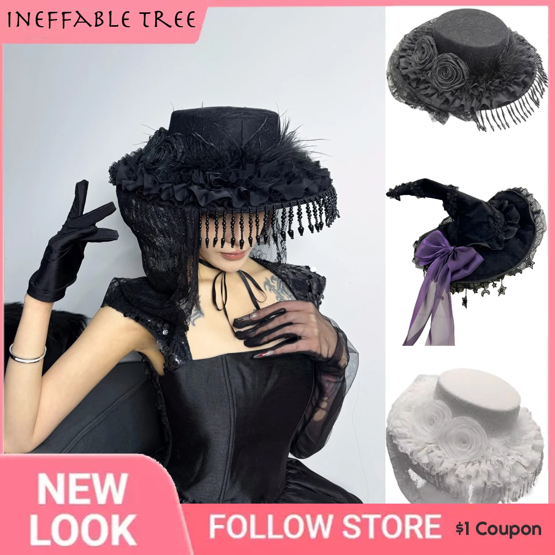 Steampunk Handmade Lace Vintage Bandage Bow Wizard Hats for Women Gothic Lolita Cosplay Costume Halloween Party Fedoras Gorras