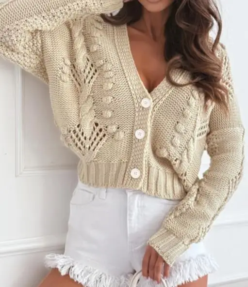 

Autumn and Winter Cardigan Long Sleeved Button Up Crochet Hollow Sweater for Women, Solid Color V-Neck Slim Knit Sweater