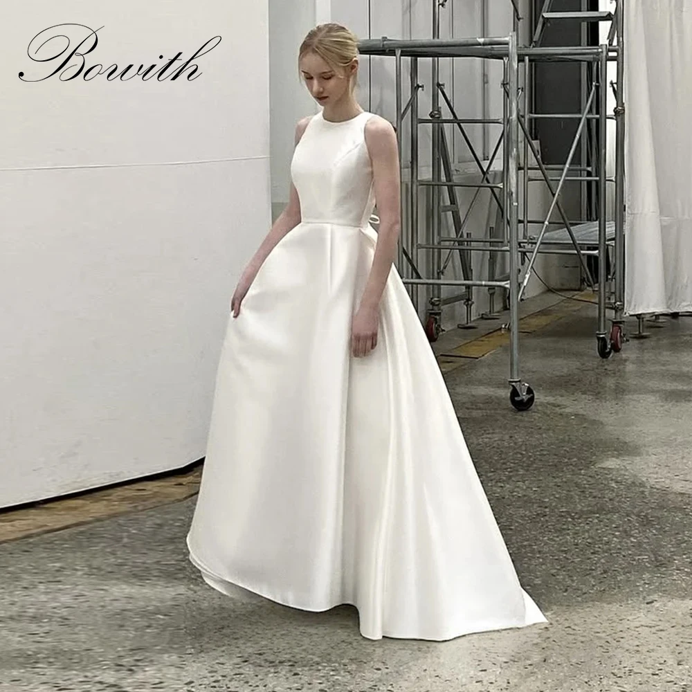 

Bowith O-Neck A-Line Satin Korean Wedding Dresses Floor Length Simple Bridal Gowns Customized Corset Wedding Snap Dresses