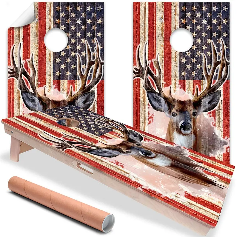 Cornhole Wraps for Boards Vinyl Decals Set of 2 Deer and American Flag - 25+ Designs Corn Hole Bean Bag Toss Wrap Skins Boards N