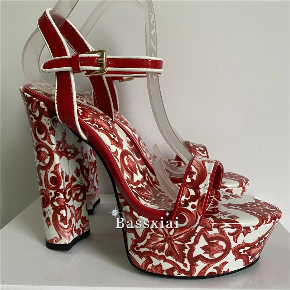 Luxury Print Flower Ankle Strap Sandals Women Patent Leather Chunky Heel High Platform Modern Summer Shoes For Girls