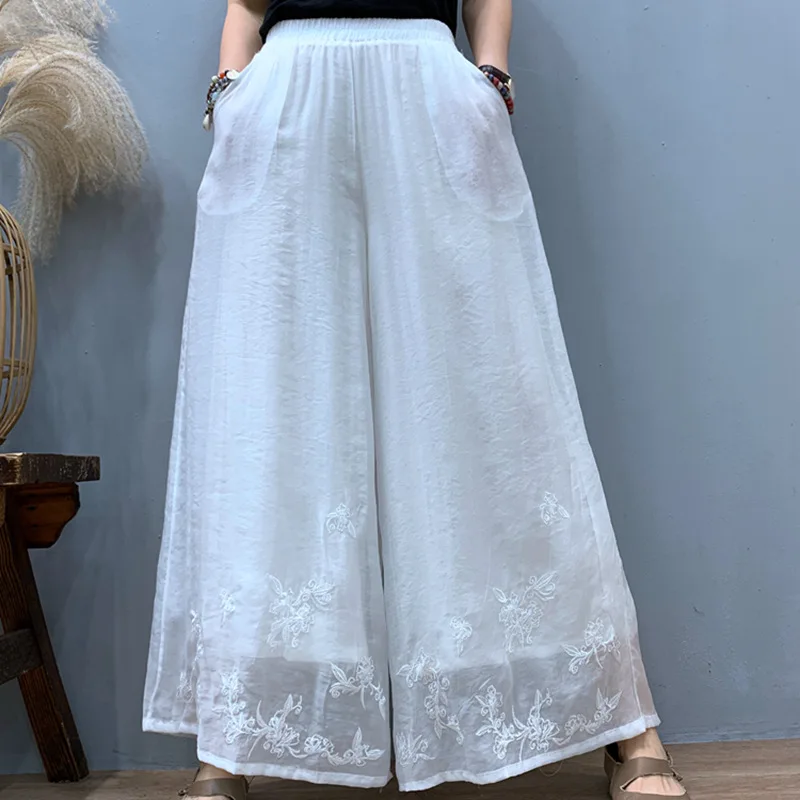 

Skirts Pant Women Wide Leg Long Pants Embroidery High Waist Straight Trousers Y2k Streetwear Vintage Elegant White Work Capris