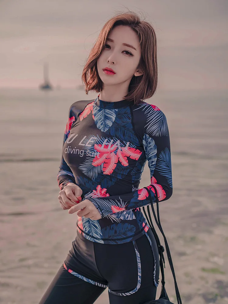Women Long Sleeve Surfing Suit Blue Leaves Three Pieces Set Swimsuit Long Pant Beach UV Protection With Pad