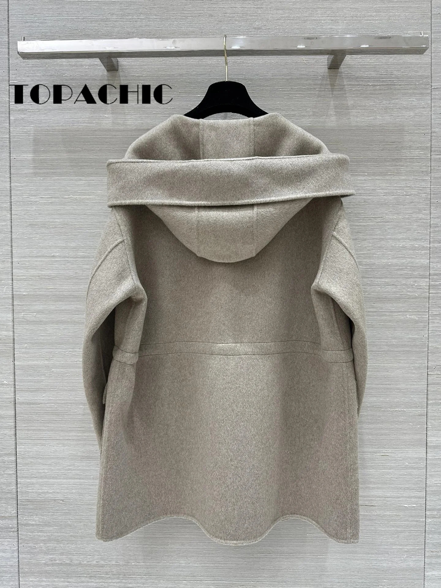 9.2 TOPACHIC-Women\'s Hooded Drawstring Waist Double-Side Woolen Keep Warm Coat Classic Big Pocket Zipper Loose Outerwear