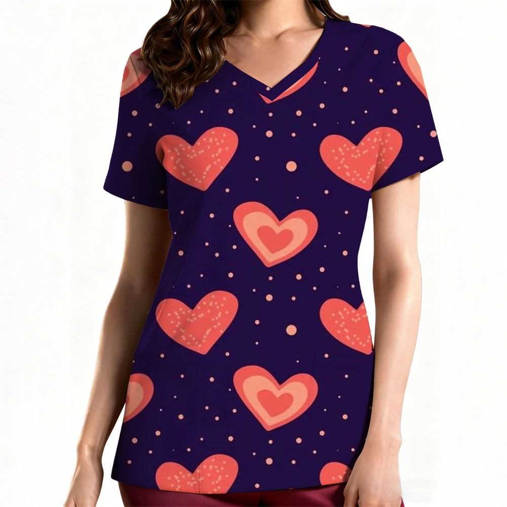 

Summer V Neck Scrub Top Women Printed Work Uniform Shirt Short Sleeve V Neck Uniform Blusas Nursing Dress Nurse Tunic Uniform