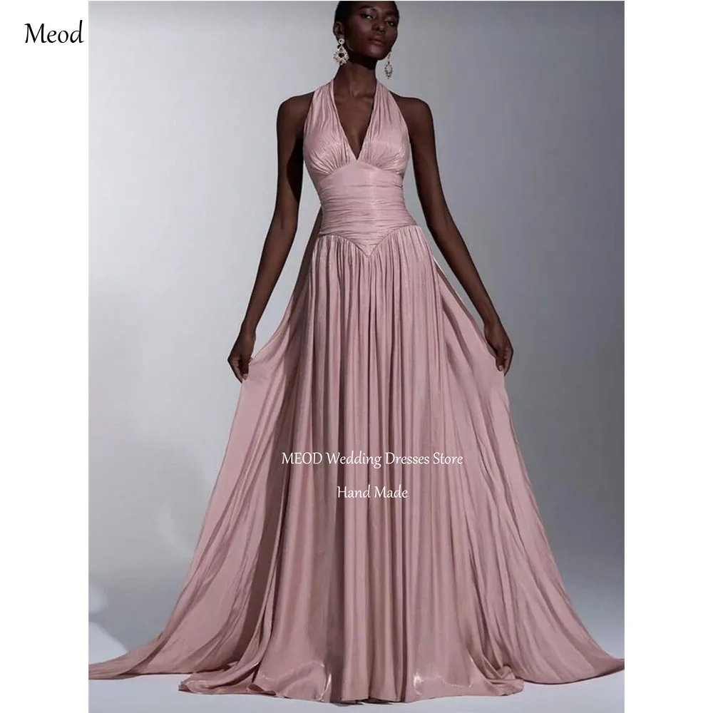 

MEOD Dirty Pink Formal Evening Dress Halter Sleeveless Wedding Guest Gown A Line Backless Long Train Vestidos Modern Customized