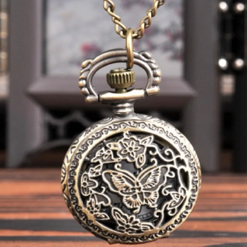 Vintage Pocket Watch,Alloy Flower Butterfly Necklace Pendant Sweater Chain Clock Gift Watch,Fashion Accessory Chain Pocket Watch
