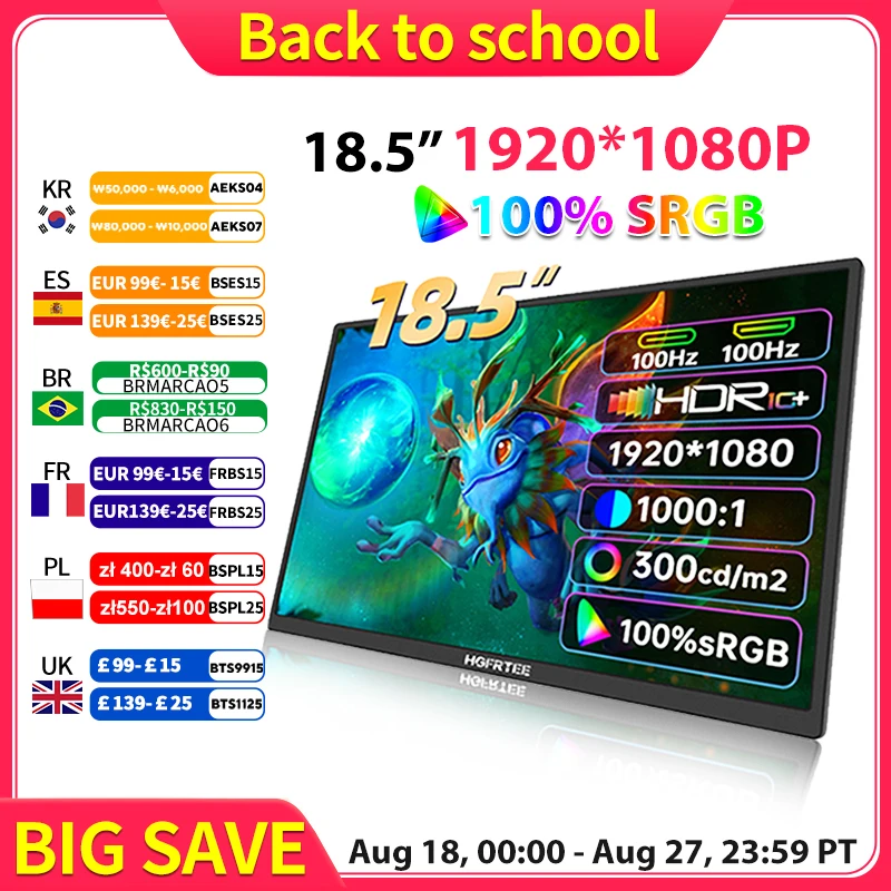 

Портативный монитор HGFRTEE, 18,5 дюйма, 100 Гц, RGB100 %, Расширенный дисплей, второй экран ноутбука с VESA отверстием и подставкой