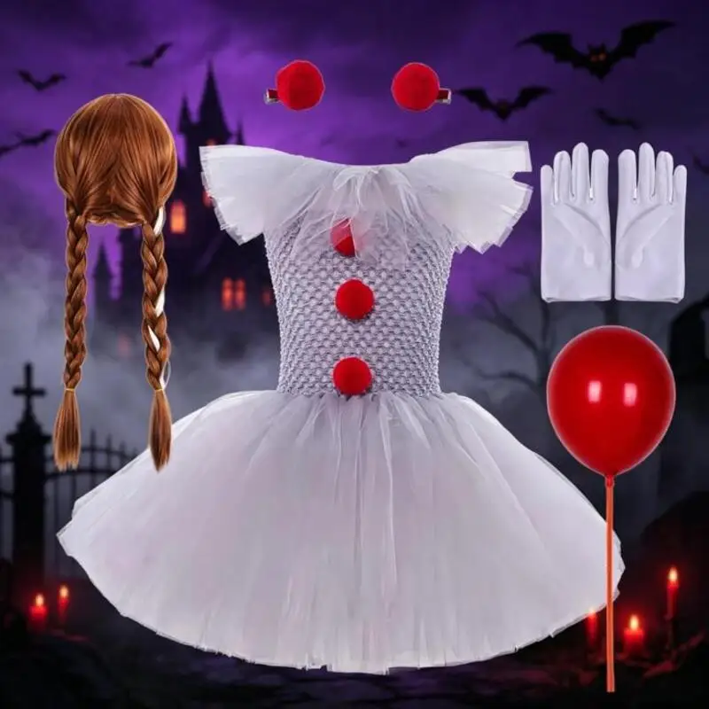 Kids Girls Pennywise Horror Clown Cosplay Tutu Dress Halloween Party Fancy Costume Set With Wig Gloves Red Balloon Hair Clips