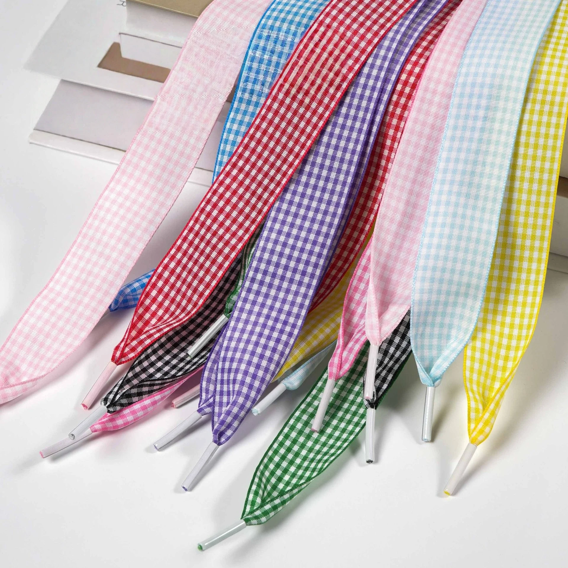 1 Pair Flat Grid Multicolor Sweet Girly Bow Laces Cute Pastel Gingham Check Ribbon Shoelaces Wide for Sneakers and Casual Shoes