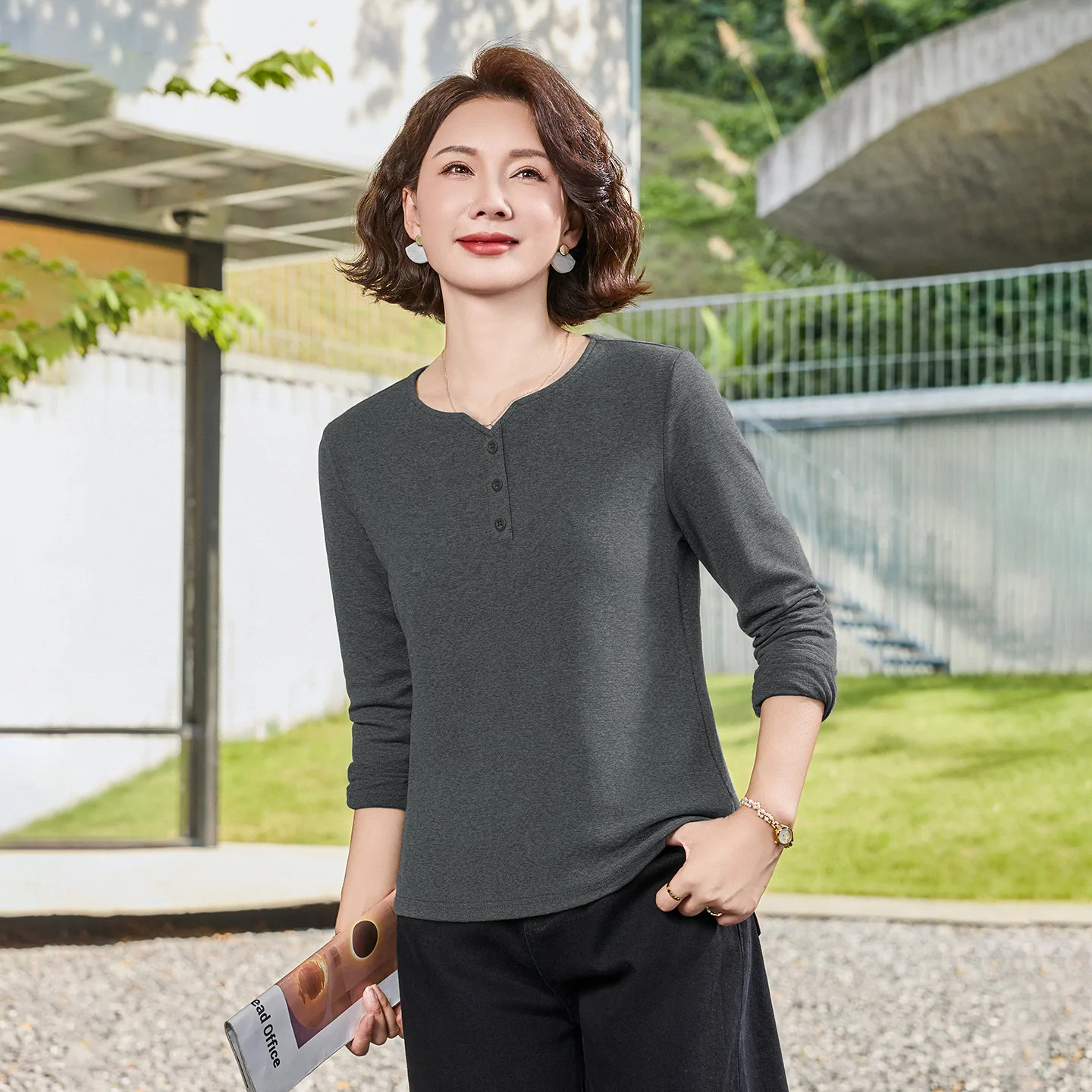 Loose Long Sleeve Cotton T-Shirt Henry Collar Base Layer Shirt for Middle-Aged And Elderly Mothers Spring Autumn Casual Style