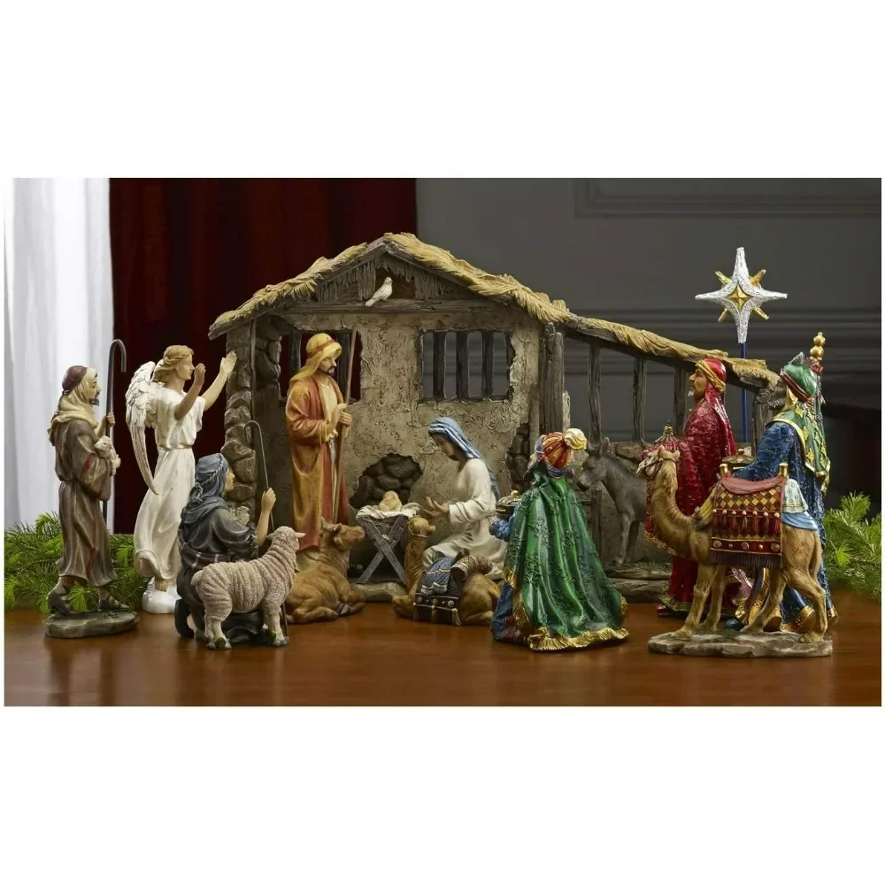 16pcs Deluxe Jesus Set,7/10/14 Inch Set Gift ,Scale with Real Gold Trunk, Lighted Stable, Nativity Christmas Figurine Sets