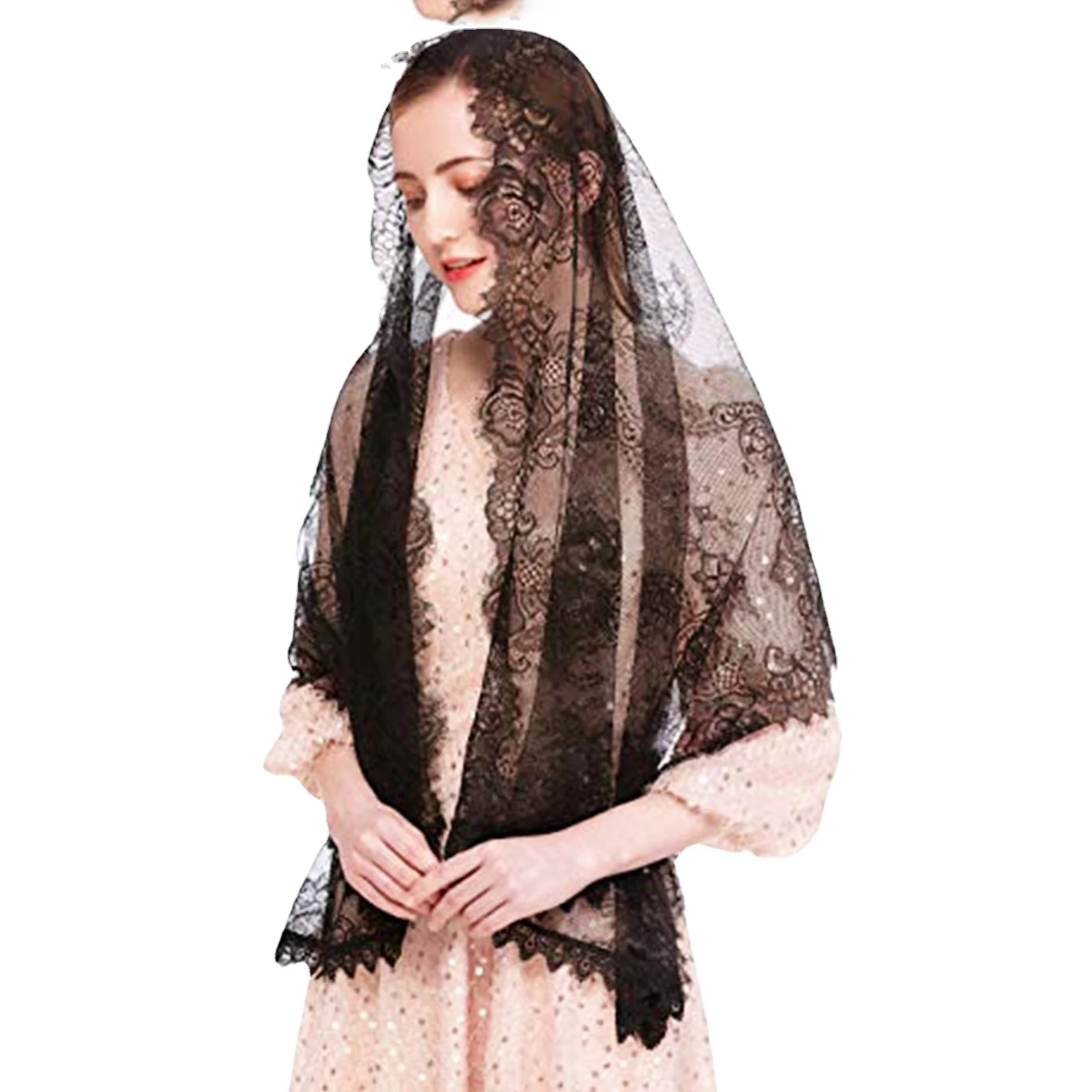 Black Ivory Women's Lace Catholic Veil Mantillas for Church Head Covering Mass vela negra Voile eyelash Lace Edge Shawl Scarf