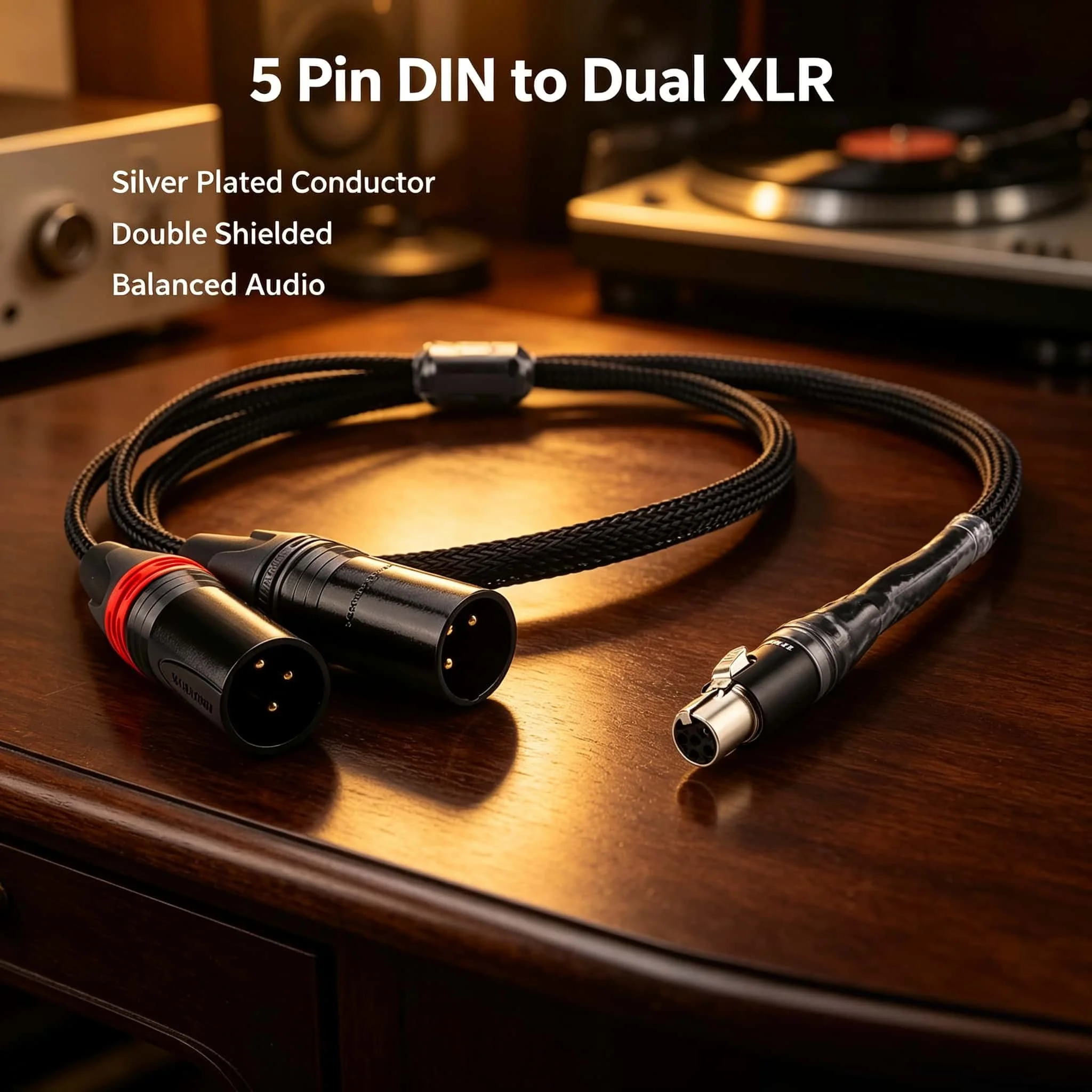 5 Pin DIN Female to Dual XLR Male Balanced Audio Cable Silver Plated Double Shielded for Vintage Hifi Amplifier Speakers