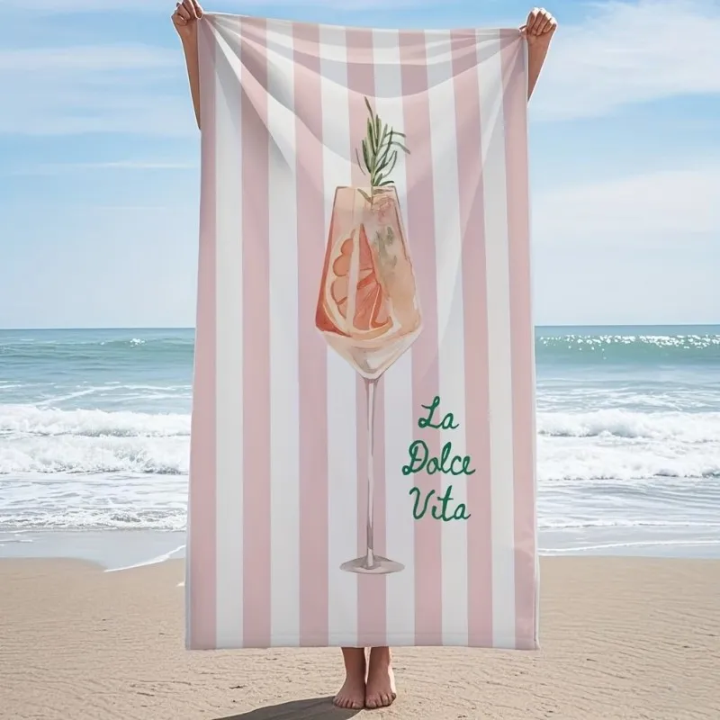 Elegant Italian Vibe Beach Towel Oversized Pink Striped La Dolce Vita Cocktail Microfiber Towel for Summer